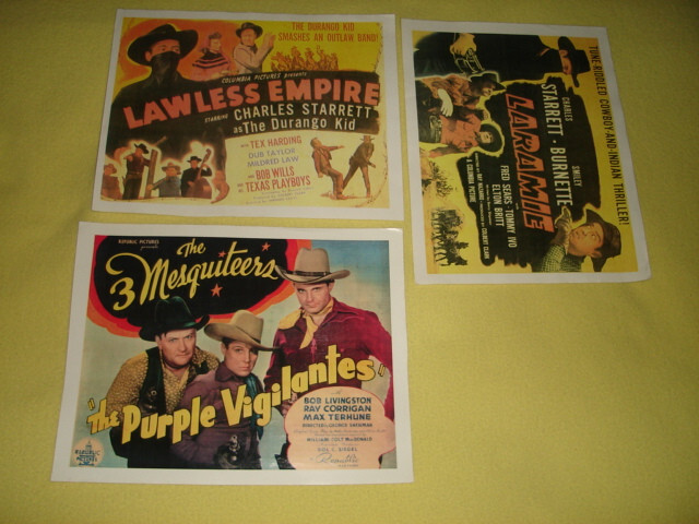 3 Movie Lobby Cards 40's 11x14 LAWLESS EMPIRE, LARAMIE, THE PURPLE VIGILANTES