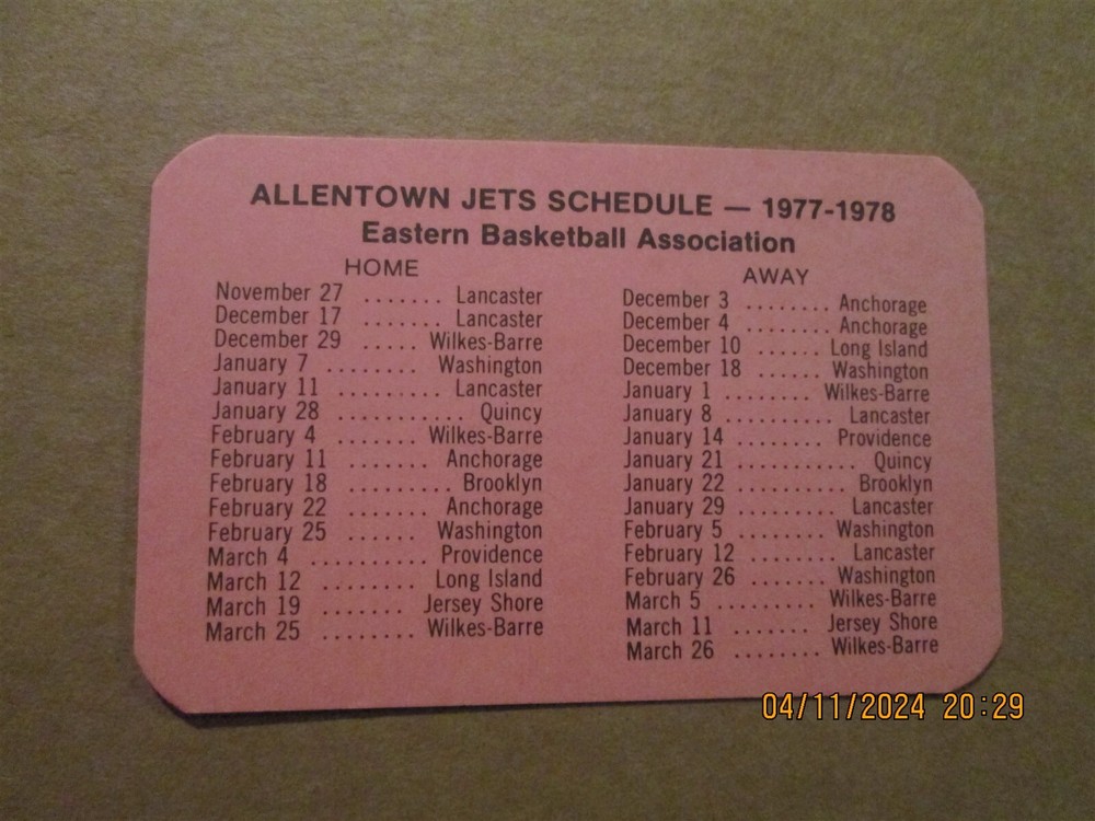 EBA Allentown Jets Vintage Defunct Circa 1977-78 Team Logo Card Schedule