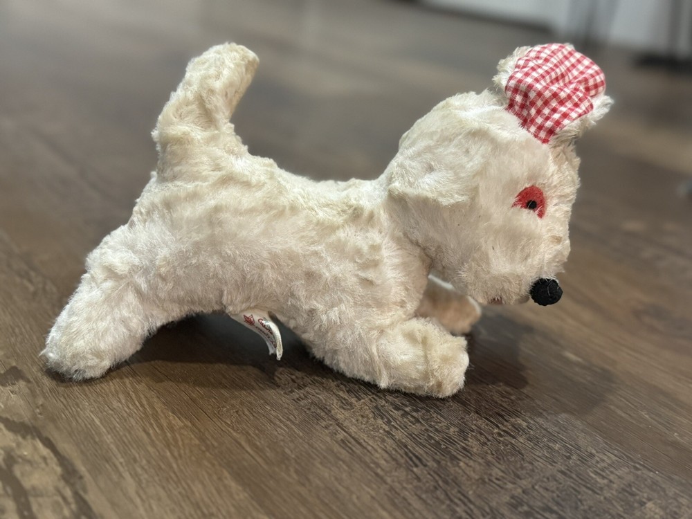 Vtg Cuddle Toys Plush Dog Stuffed Animal Douglas Wire Ears White Red Retro