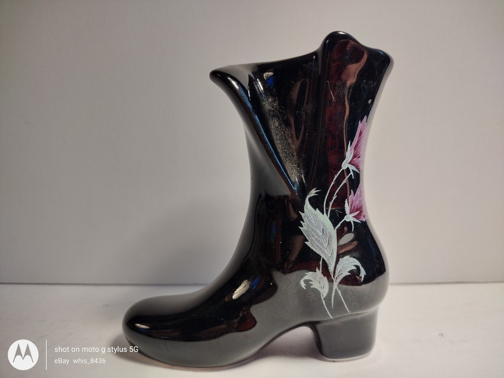 Porcelain Shoe Miniature Black  with Pink Flowers Boot 4'' Collectable Shoes