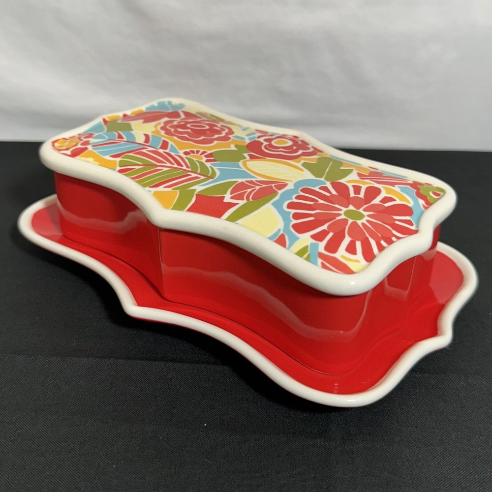 Anthropologie For Biscuit Red Floral Covered Butter Dish