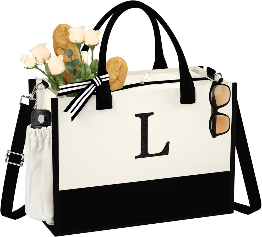 Initial Canvas Tote Bag for Women - Christmas Gifts Basket, Birthday Gifts Baske