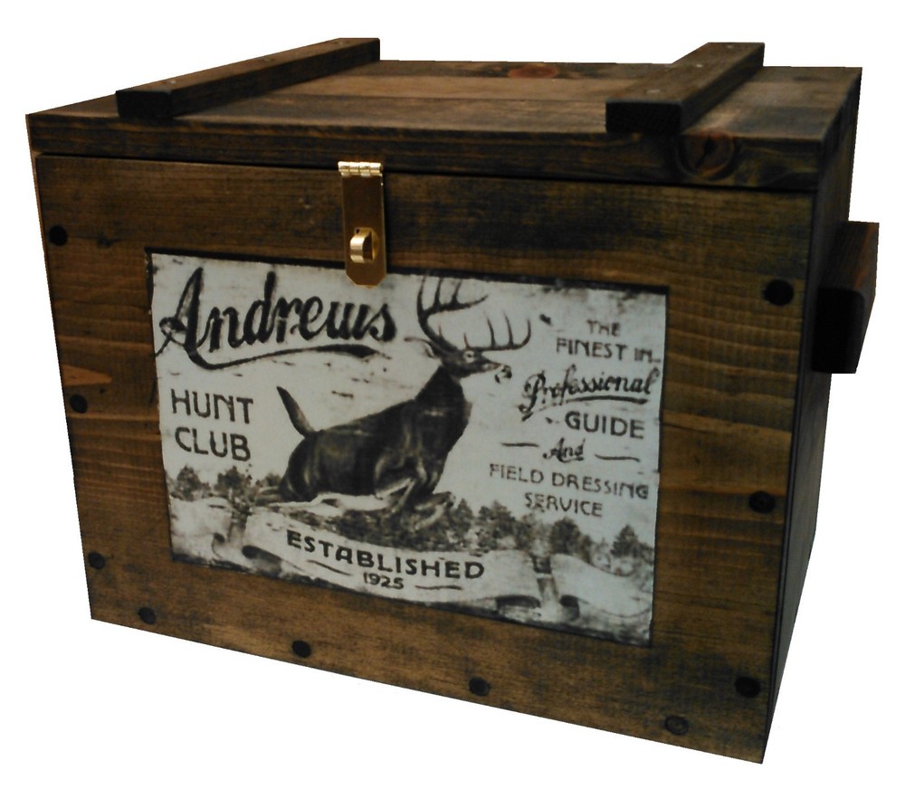 Rustic Wooden Ammo Box Cartridge Accessories Storage Crate - Deer Hunt Club Ad-image