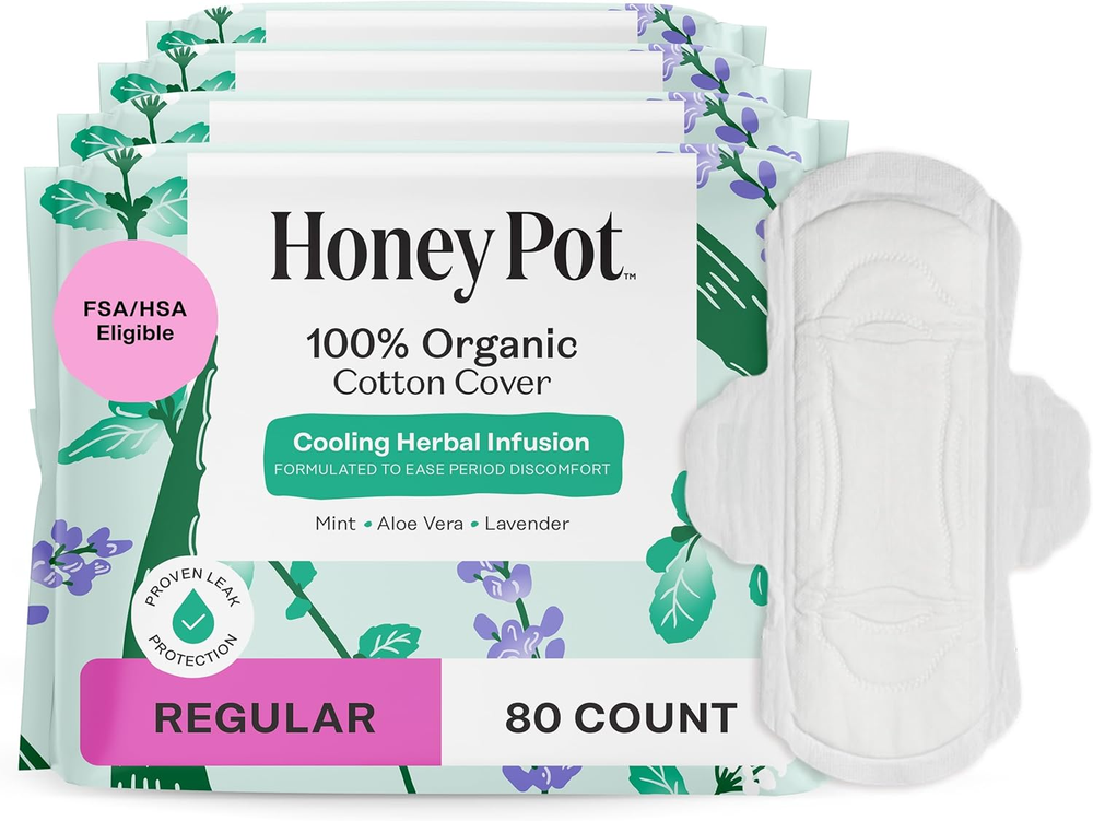- 80Ct - Herbal Sanitary Pads for Women - Regular Flow W/Wings - Infused W/Essen