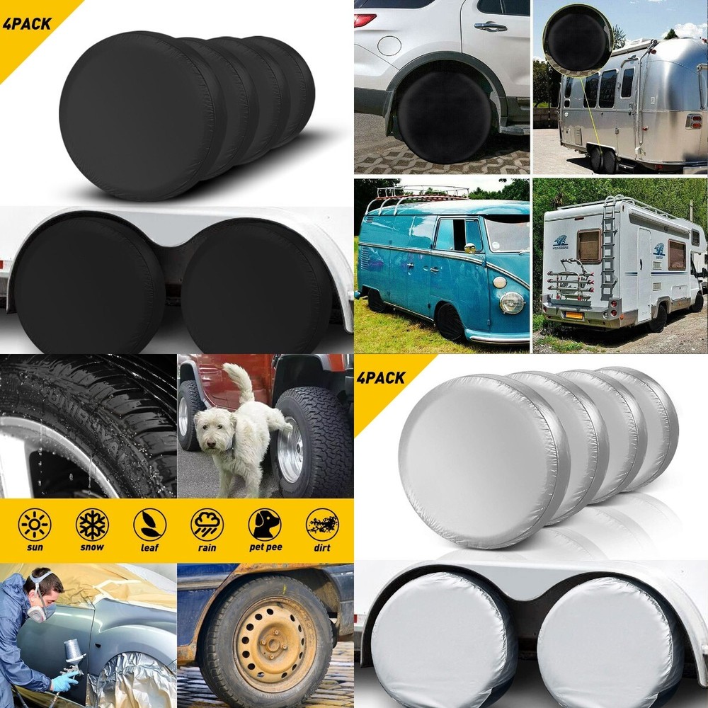 4x Waterproof Tire Cover Wheel Tyre RV Trailer Camper Sun Protector Black/Silver