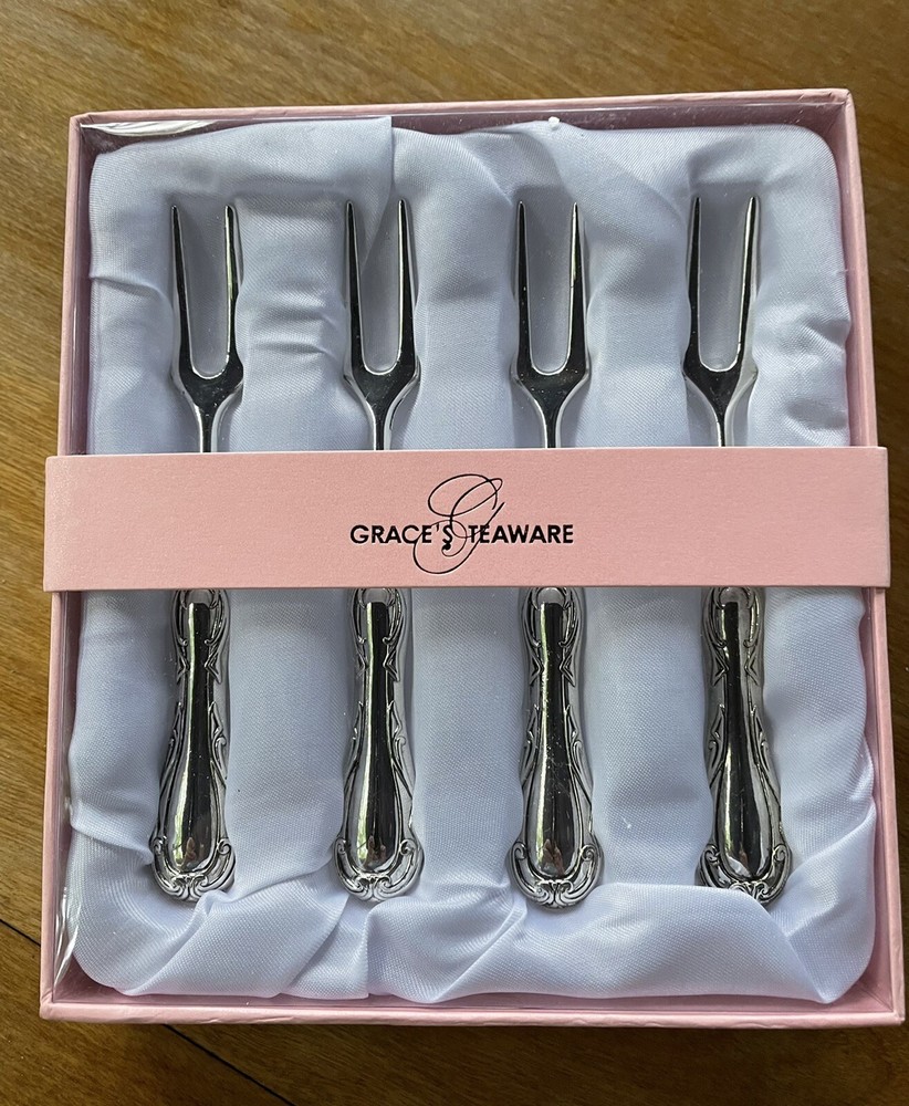Grace’s Teaware Set Of 4  Cocktail Forks Silver Plated Scroll Design On Handle