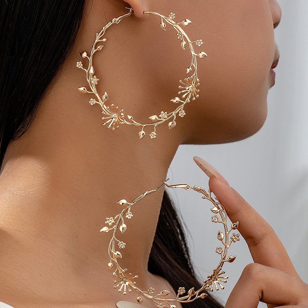 Luxurious Large Vintage Floral Vine Hoop Earrings Golden Circle
