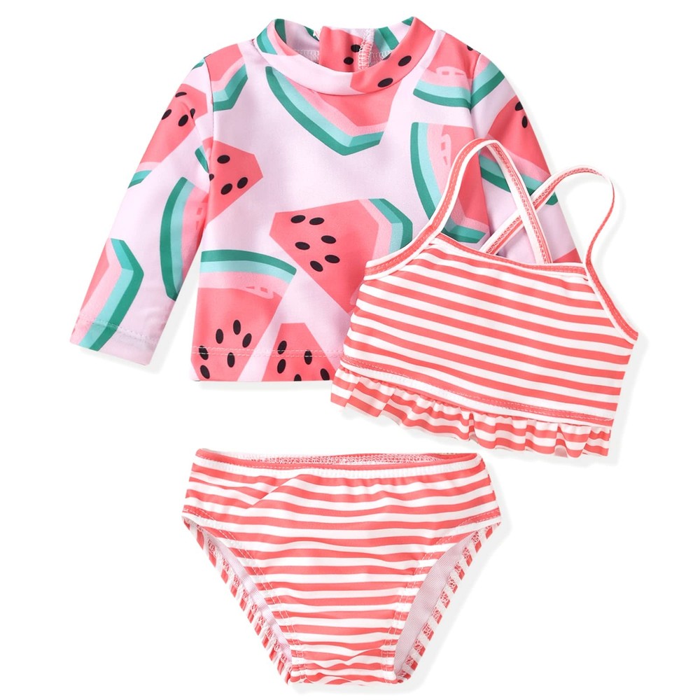 Infant Baby Girl 3-Piece Rash Guard Swimwear Sets Long Sleeve Watermelon Swim...