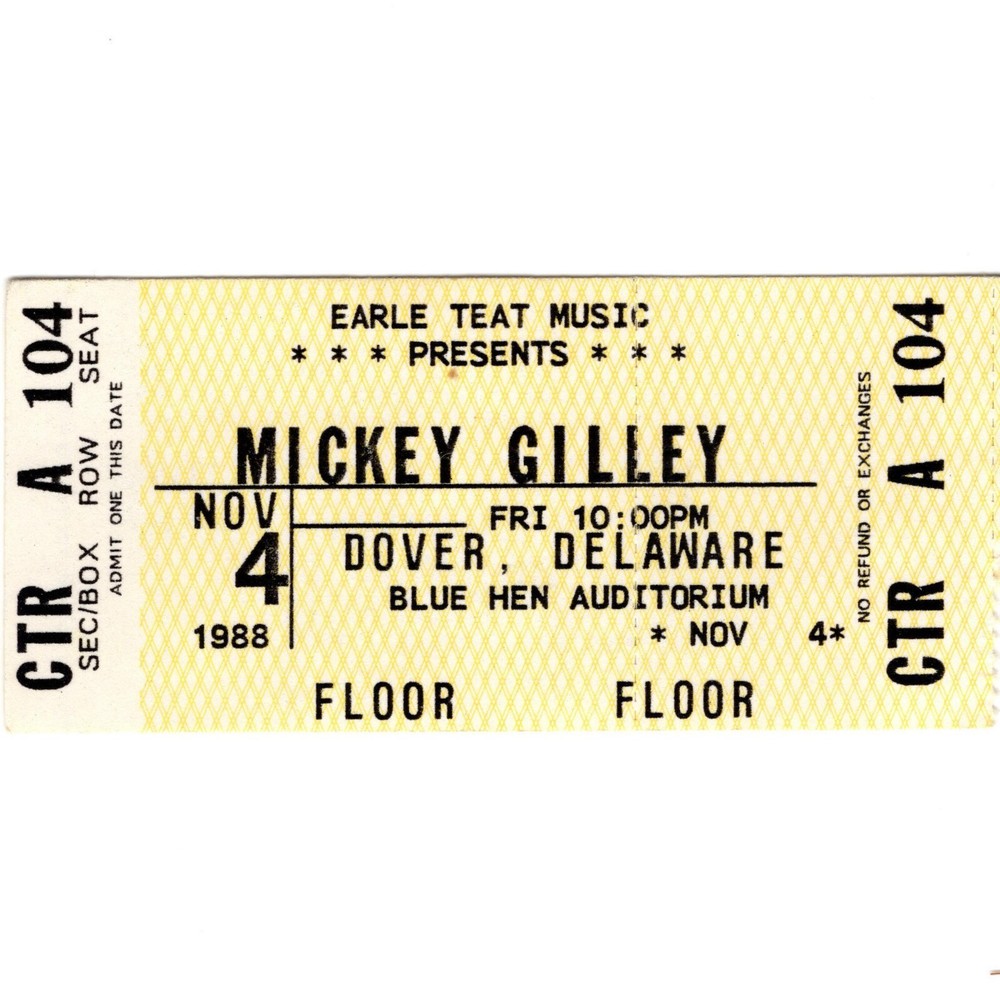 MICKEY GILLEY Concert Ticket Stub DOVER DELAWARE 11/4/88 THE BLUE HEN MALL Rare