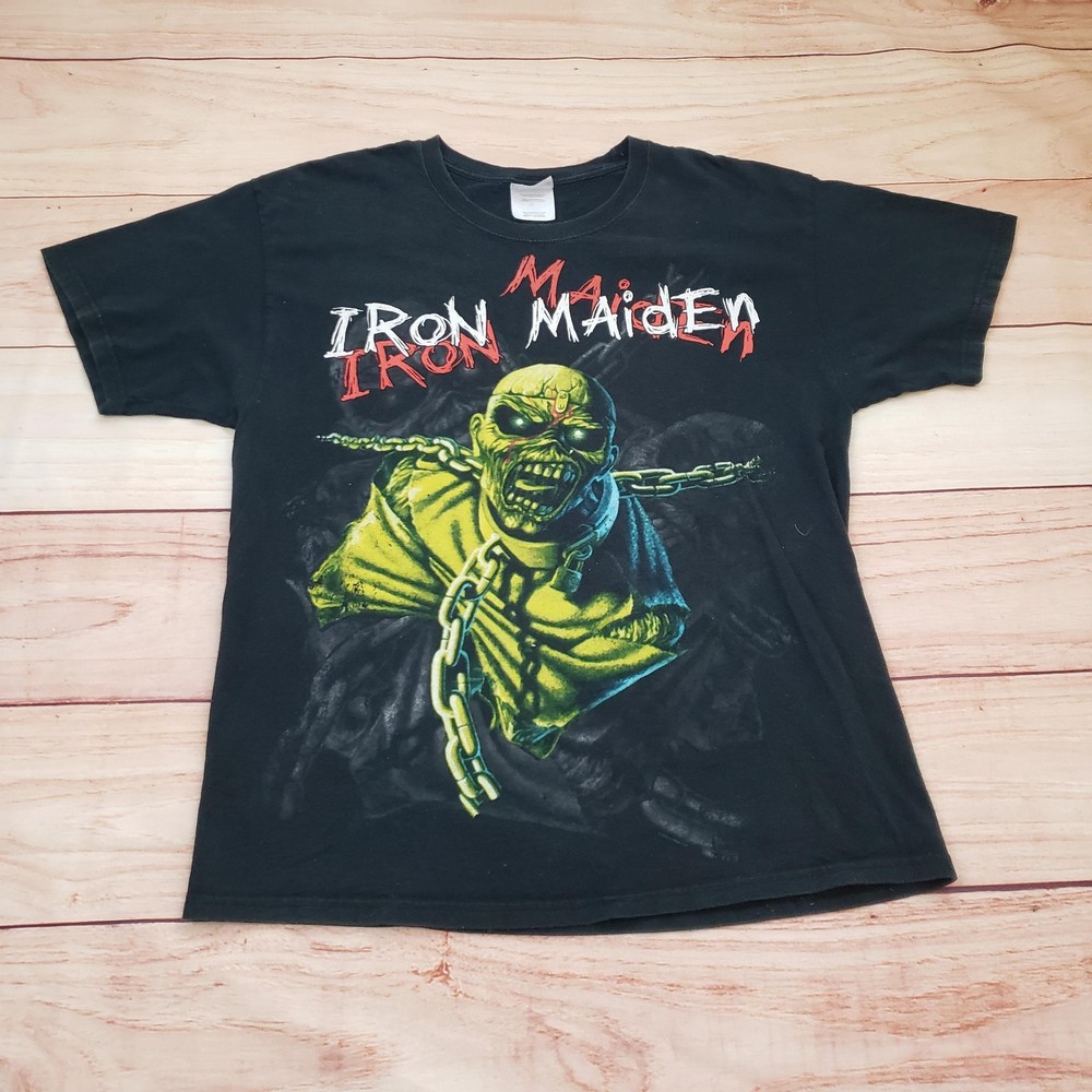 VINTAGE Iron Maiden Shirt Mens Large Black Piece Of Mind Eddie Metal Hanes Y2K