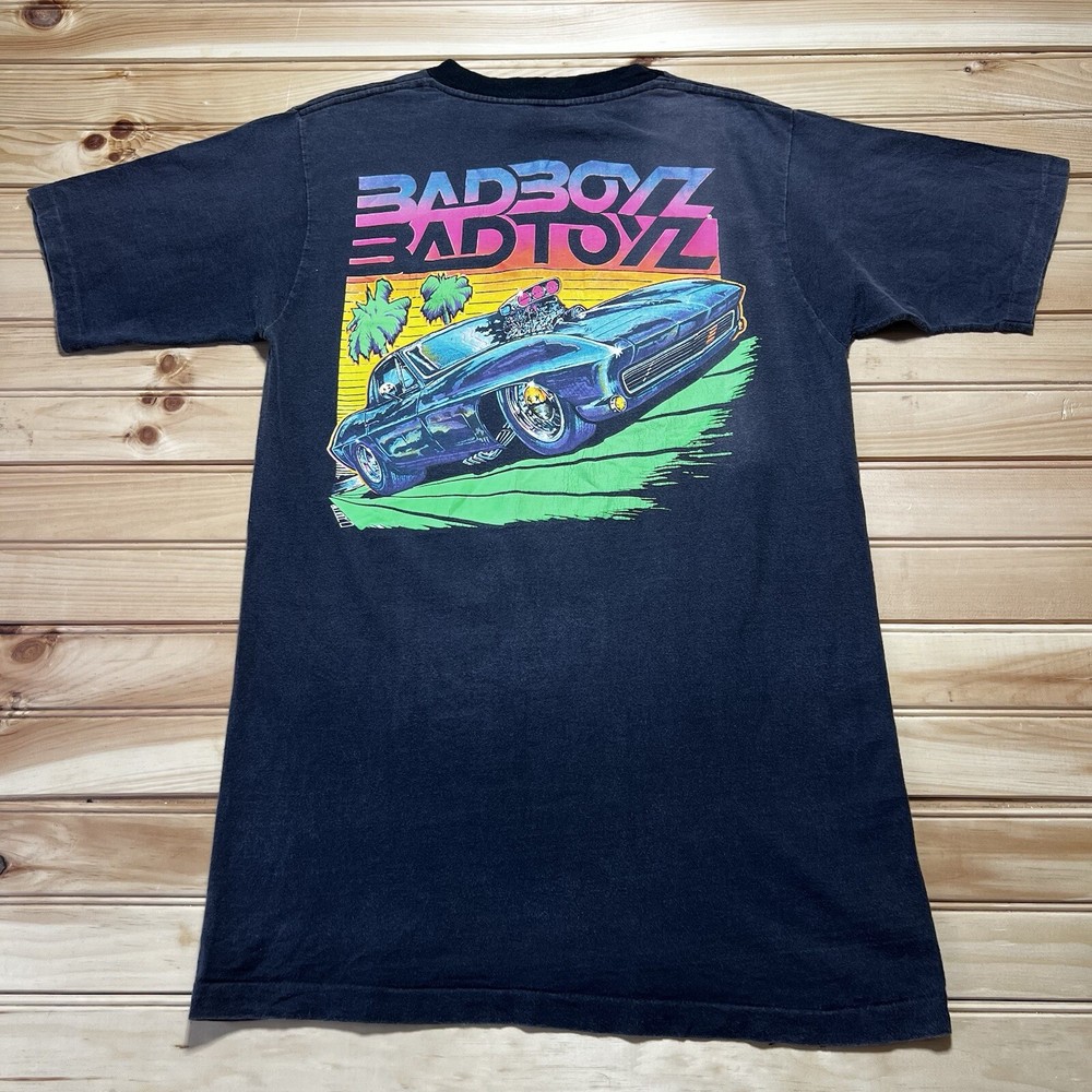 Vintage 80s Bad Boyz Bad Toyz Hot Rod Corvette Beach Shirt Size Large Faded