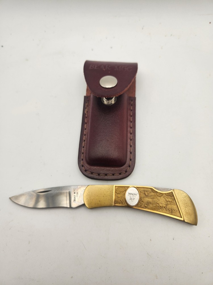 Vintage Bear & Son Drop Point Lockback Collectible Folding Knife with Leather Sheath
