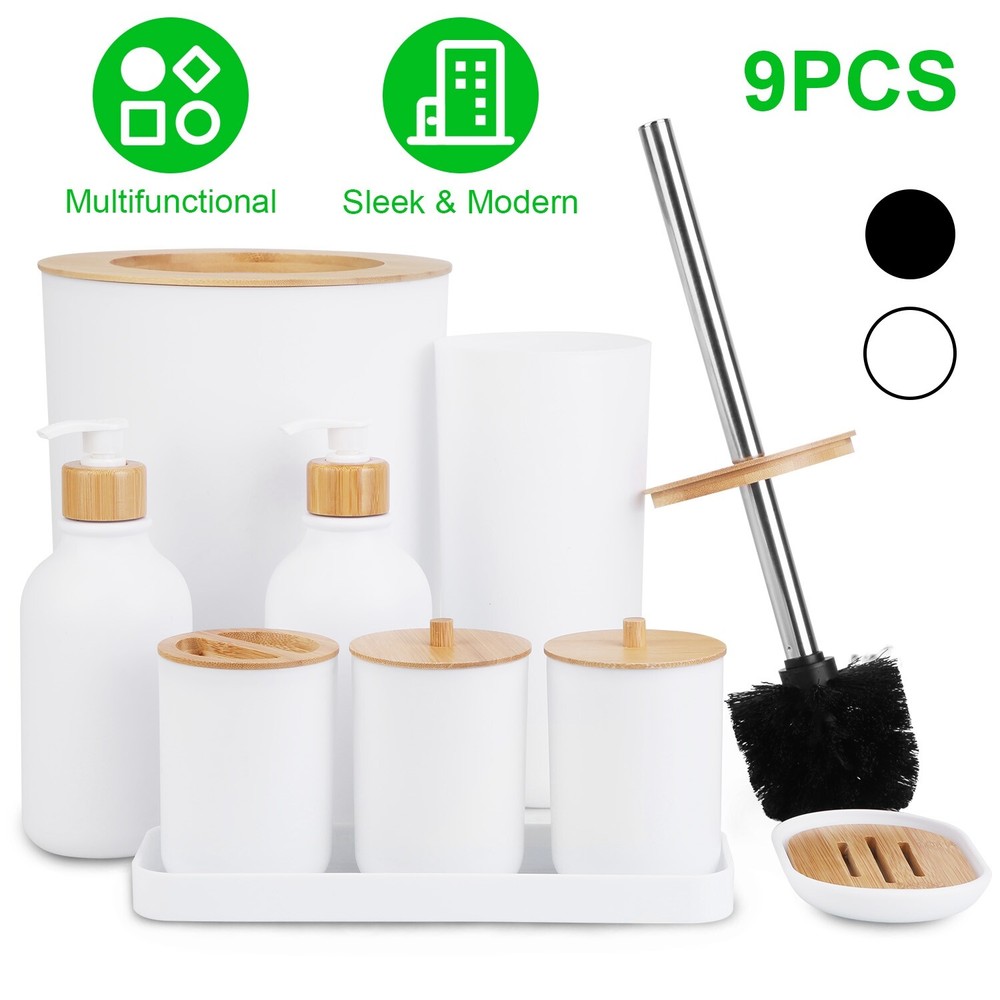 9pcs Bathroom Accessories Set Soap Dispenser Dish Toilet Brush Holder Trash Can