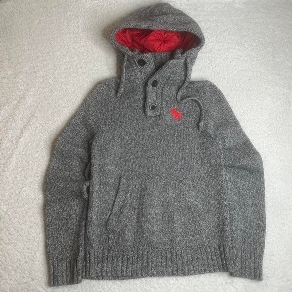 Abercrombie & Fitch Knitted Cable Hooded Sweater 1/4 Button Size Large Moose Xxl-image