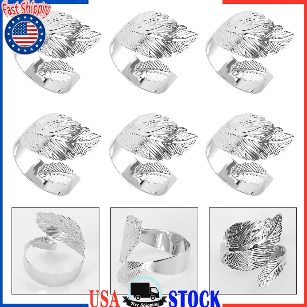 6PCS Silver Napkin Rings Leaf Napkin Holder Adornmen Alloy