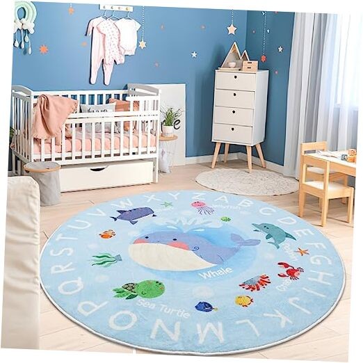 Soft Round ABC Rug for Kids Room,4 ft Washable Circle Nursery Rug,Non-Slip