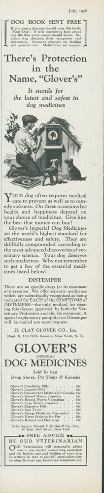 1928 Glover Dog Medicine Vintage Print Ad with Free Puppy Book PR1
