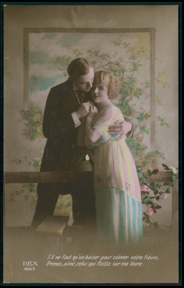 Antique 1910s love poem postcard set with romantic couple photos 5pc-image