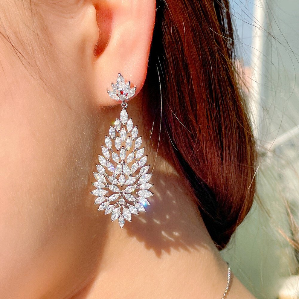 Sparkling Silver Plated Marquise Zircon Leaf Long Drop Dangle Earrings for Women