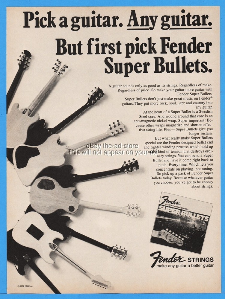 1978 Fender Super Bullets Guitar Strings Pick A Guitar Magazine Print Ad
