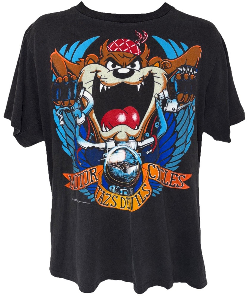 Vintage 1990 Warner Bros Taz Motorcycle Graphic Tee Size L Faded Retro Look
