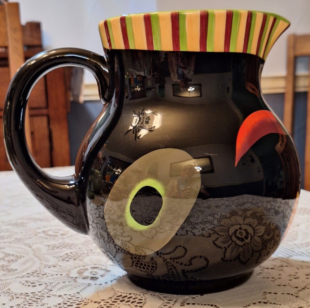 Crate & Barrel Pitcher w Fruit Motif & Handle Black Ceramic Pimienta Caliente