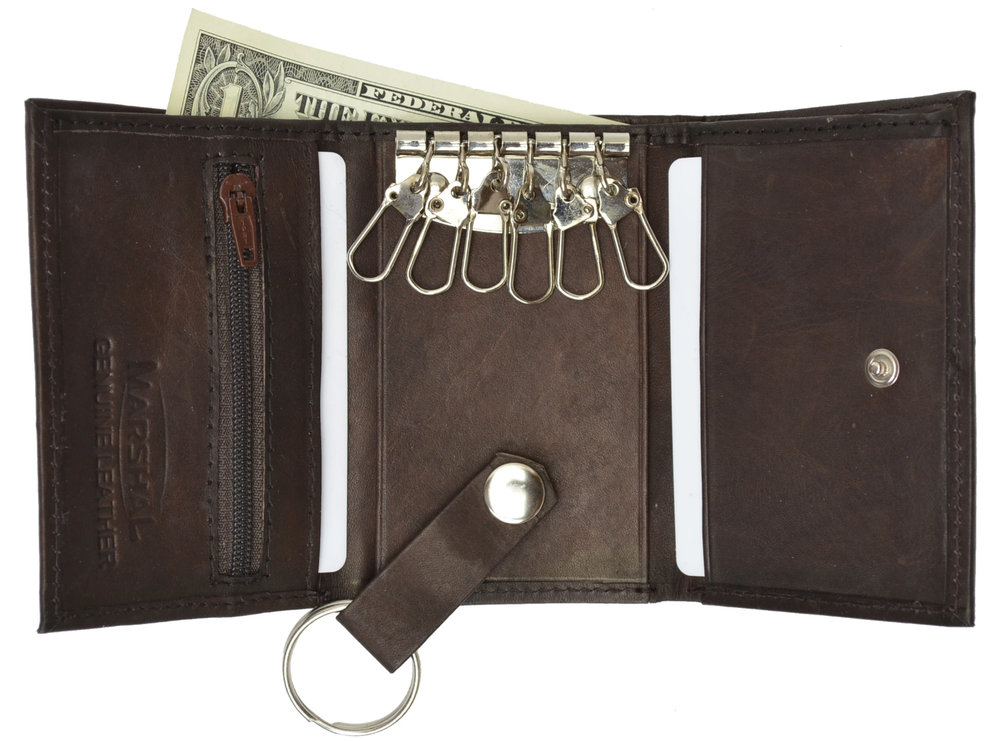 Brown Genuine Leather Keychain Wallet for Men with Key Ring