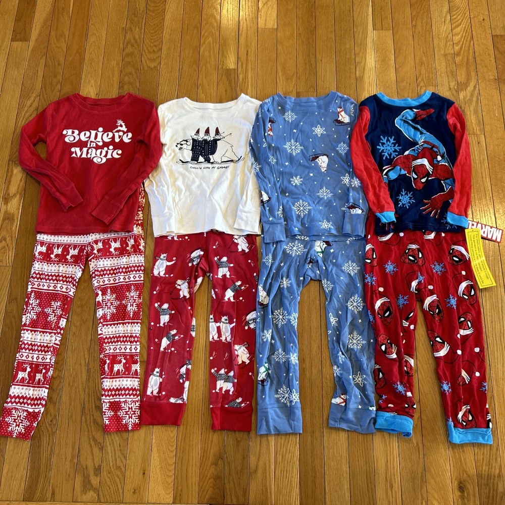 4 Christmas Pajama PJ Pant Sets Old Navy Spiderman Unisex Sz 6 Gnomes Magic Snow