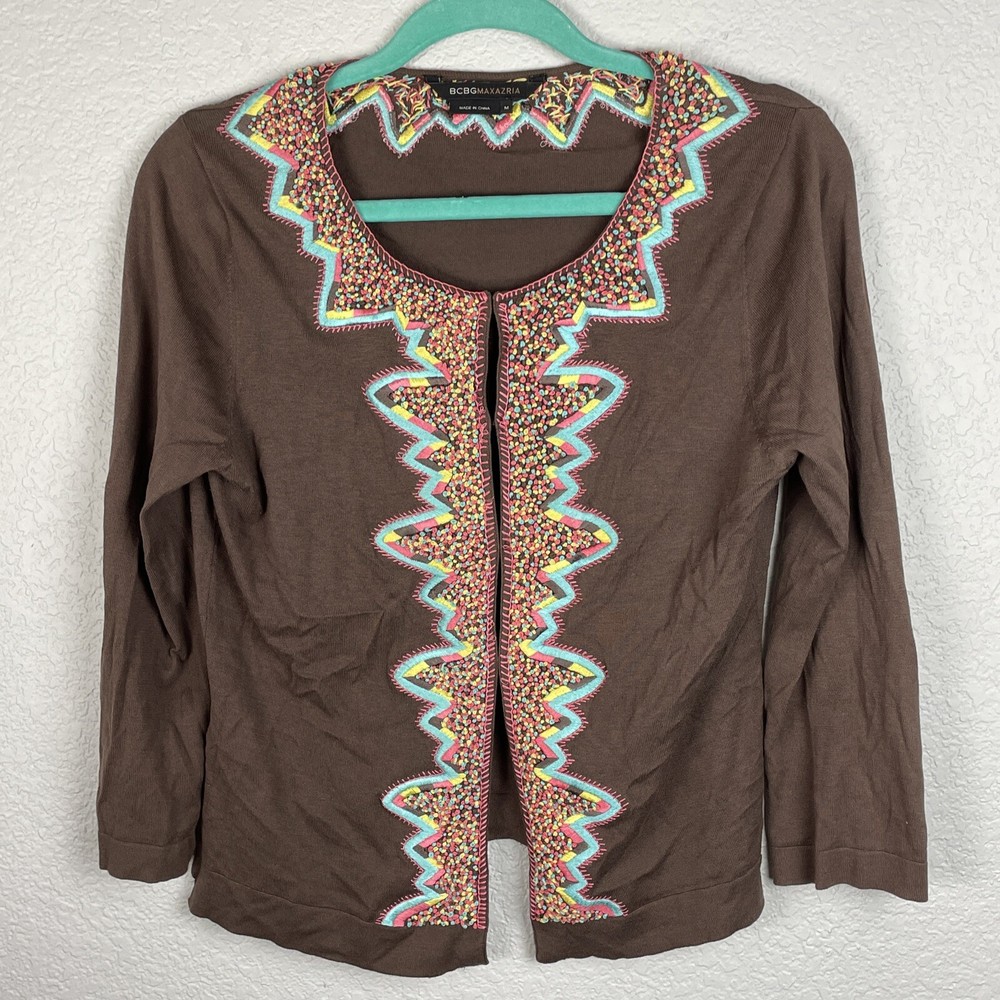 BCBG Maxazria Cardigan Womens Medium Brown Embroidered Colorful Silk Cotton
