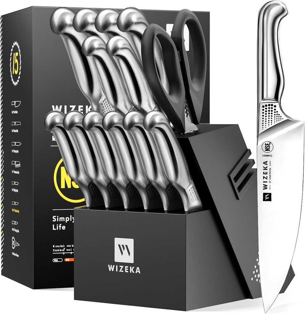 Kitchen Knife Set with Block, 15PCS German Stainless Steel Knife Block Set