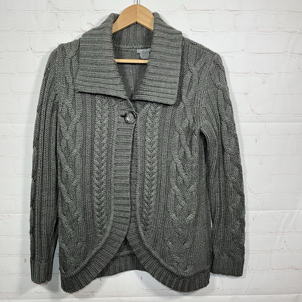 Ann Taylor Loft Cable Knit Cardigan Sweater Womens Size Small Gray Shawl Neck