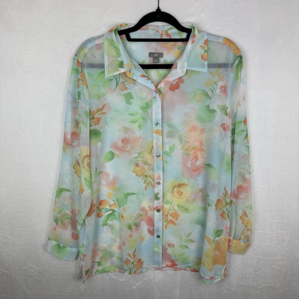 J Jill Women's Top Size Large Sheer Floral Button Up Long Sleeve Blouse Beachy