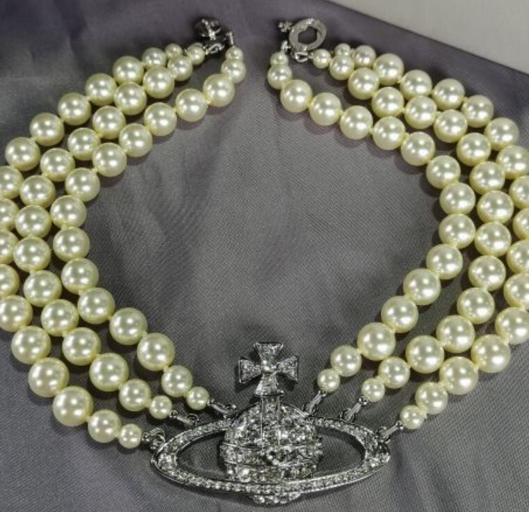 Vivienne Westwood Necklace Triple Pearl Choker Silver No Box From Japan New F/S