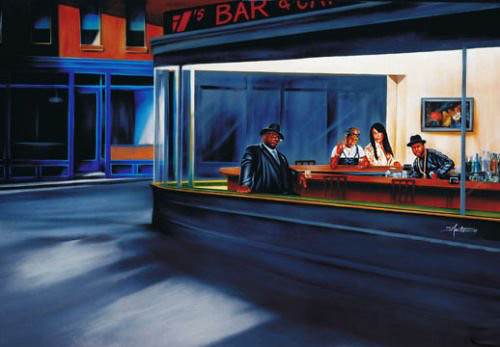 Hip Hop Cafe Poster Biggie 2Pac Aaliyah In Style of Nighthawks by Edward Hopper-image