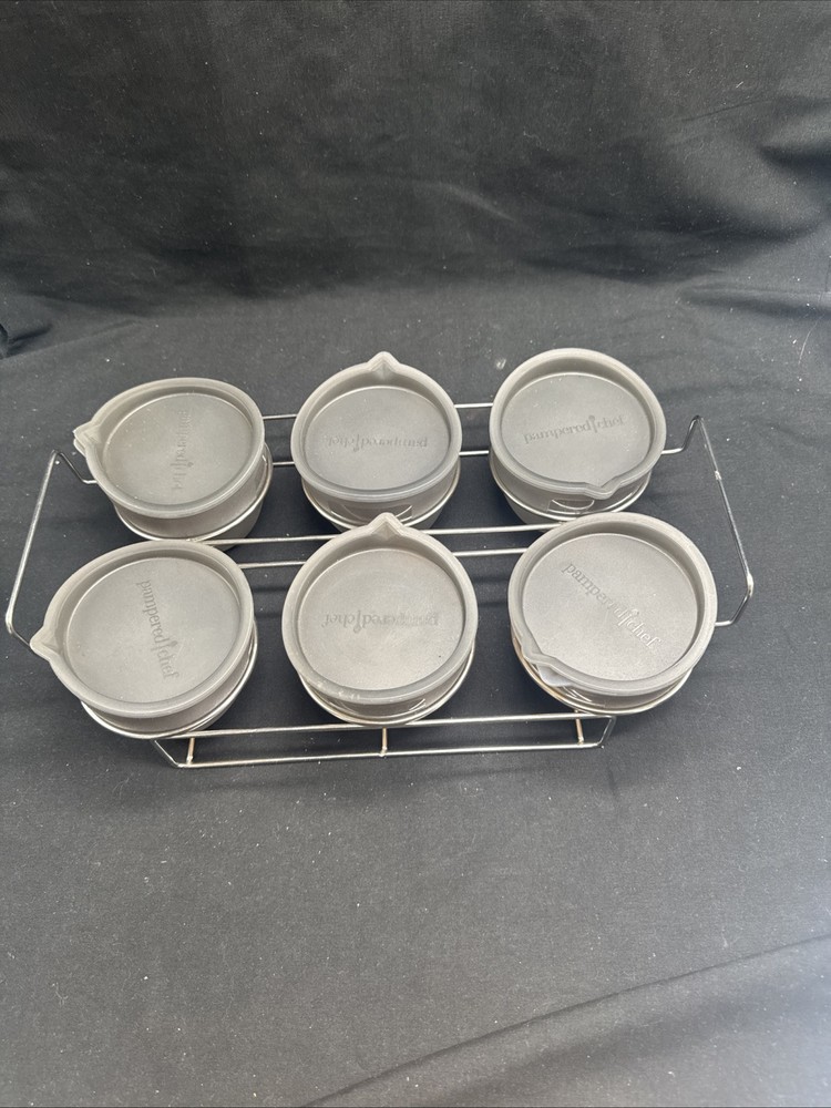 Pampered Chef 6-Cup Freezer Bowl Set with Gray Lids and Storage Rack