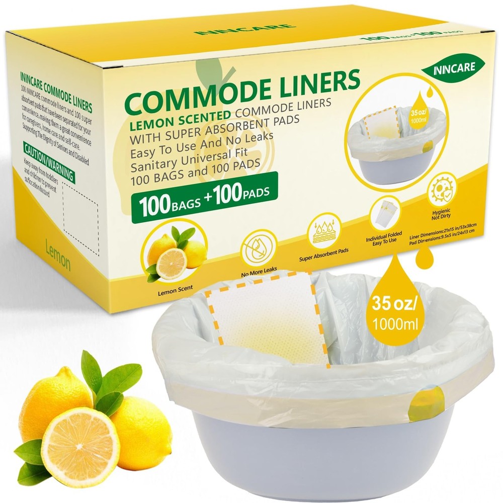 Commode Liners with Absorbent Pads for Bedside Commode, 100 Lemon Scented Bedsid