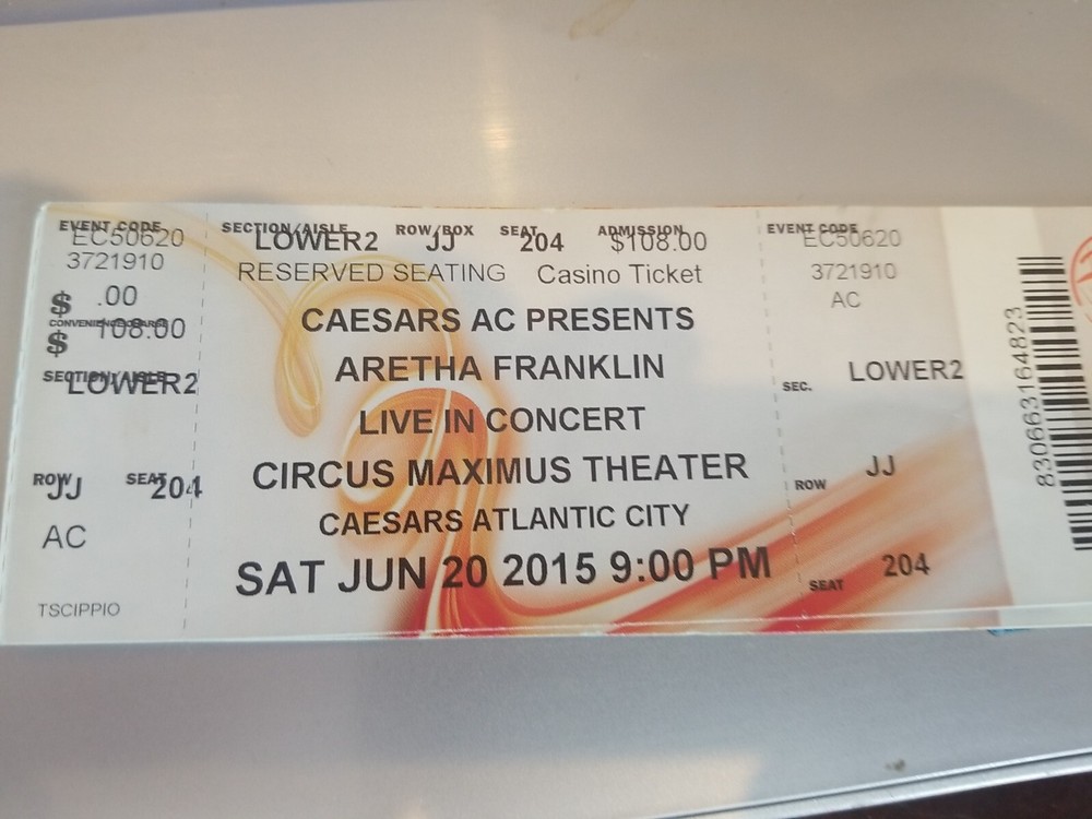 aretha franklin ticket stub atlantic city caesars comedy new jersey nj show 2015