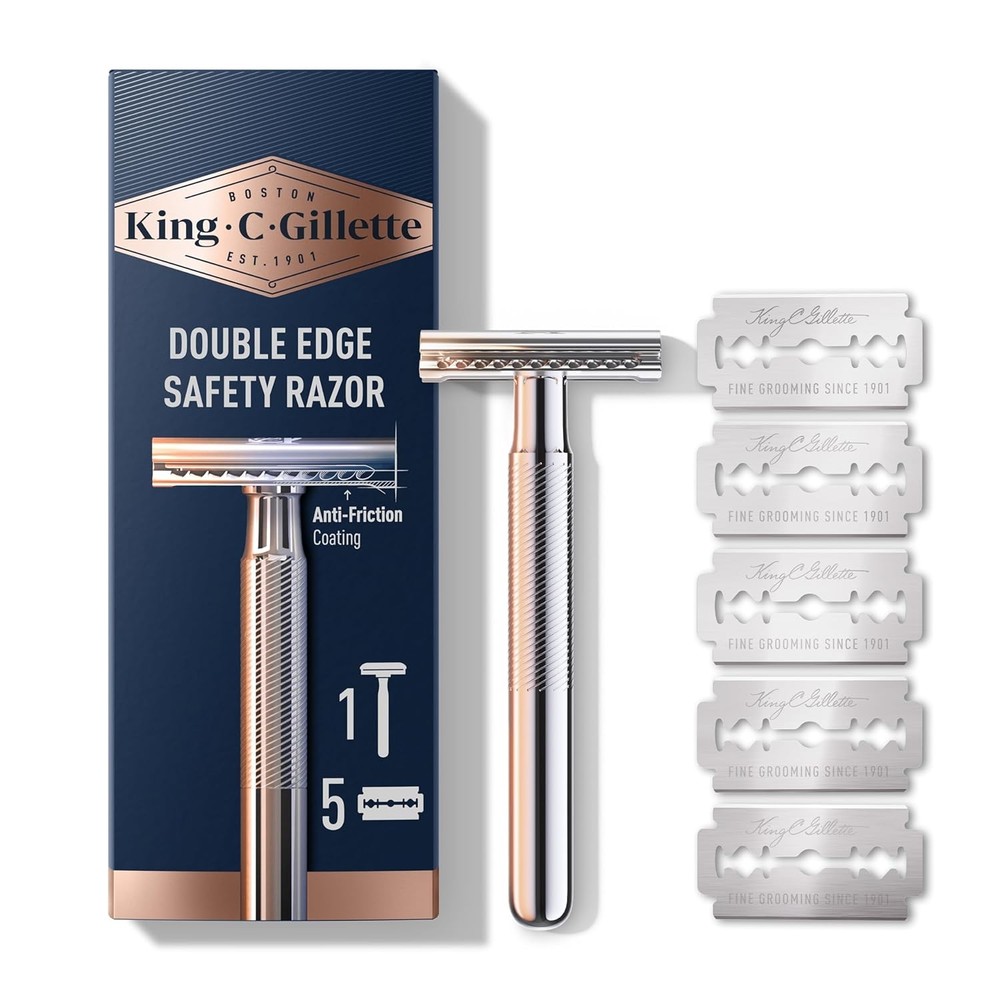 King C. Gillette Safety Razor Chrome Handle + 5 Platinum Double Edge Blades