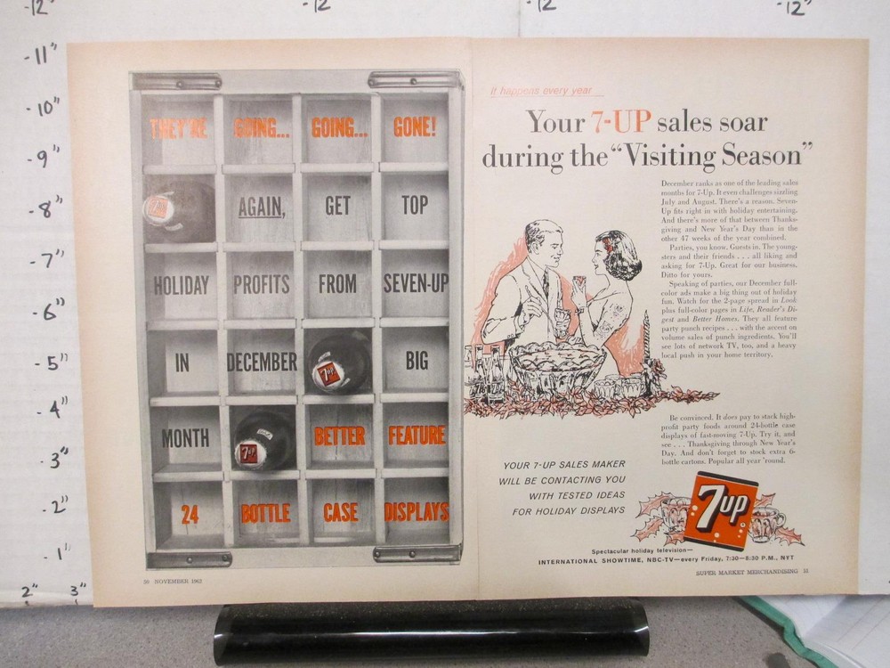 trade magazine ad grocery store 1962 7UP soda bottle display visiting season