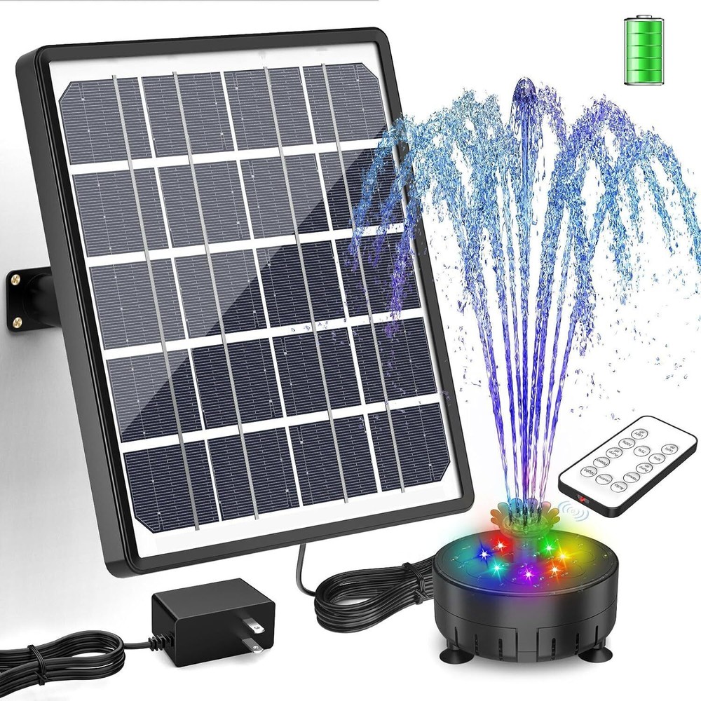 8W Solar Fountain Pump w/3000mAh Battery Solar Powered Water Pump for Bird Bath