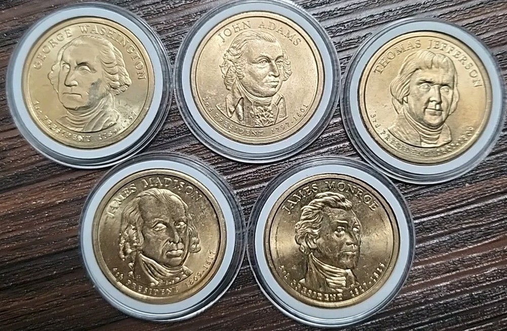 The First Five President's Of The  U.S.A  Gold Colored $1 Dollar Coins In Ms/Bu