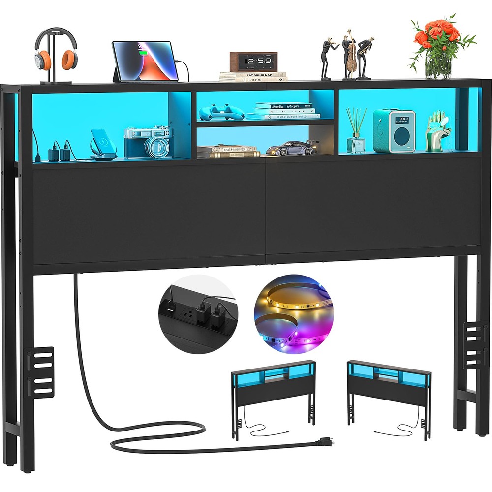 Queen Headboard with Storage, USB Ports & Outlets for Beds