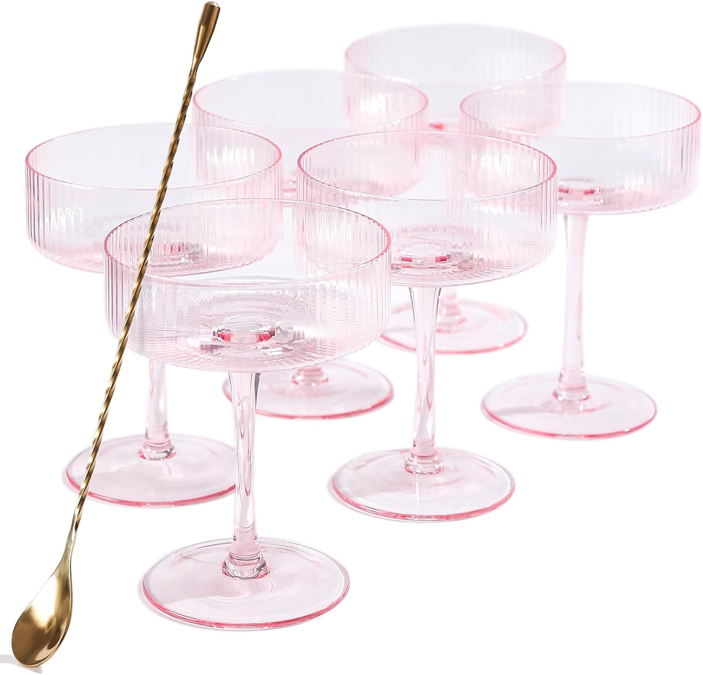 Pink vintage ribbed coupe glasses with gold rim 10 oz ideal for cocktails