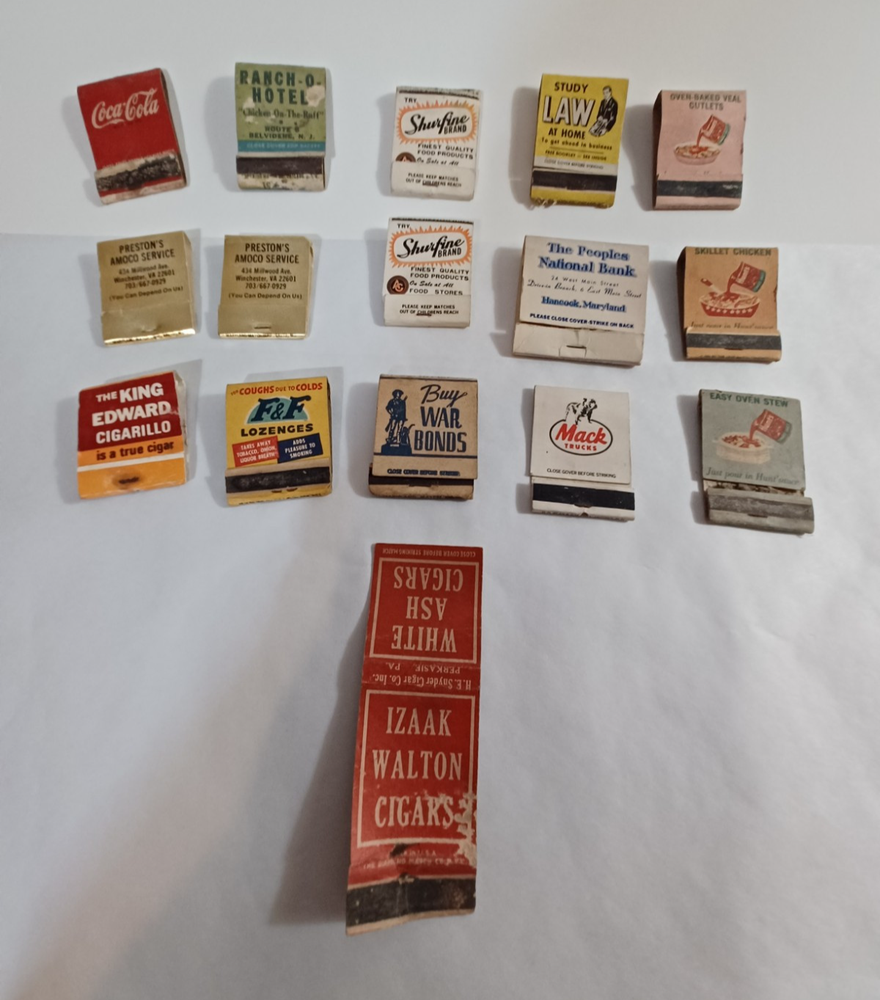 Lot Of 16 Vintage Match Books 40s-70s,Cigars,Mack Truck,Coca Cola,Hunts,War Bond