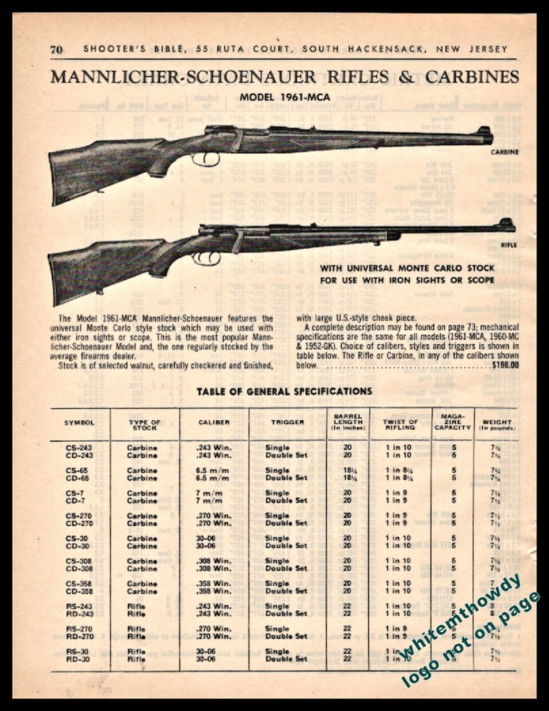 Carabina y rifle Mannlicher Schoenauer 1964 modelo 1952-GK con especificaciones