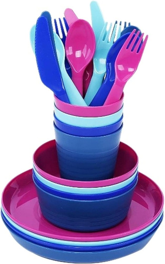 Klickpick 24-Piece Plastic Dinnerware Set for Kids in 4 Assorted Colors