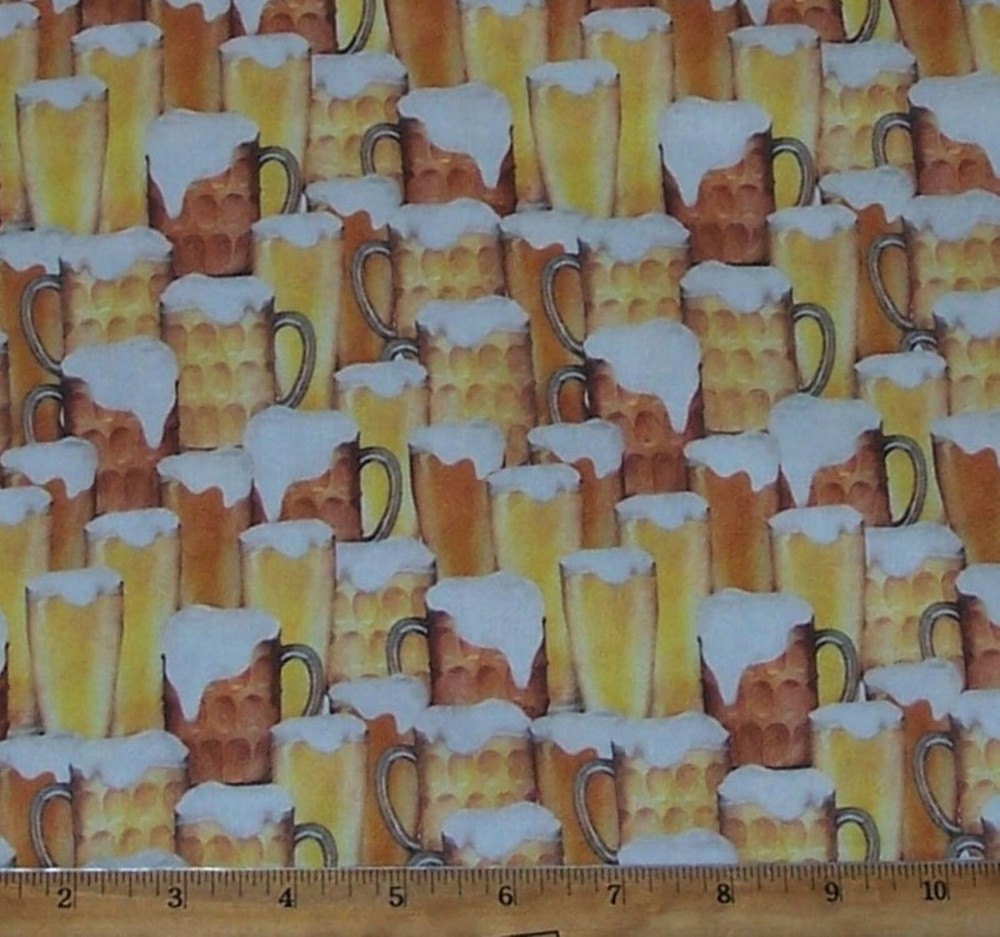 Beer Mugs Ale Beverage Drink Packed Design Fabric By the Yard 100% Cotton