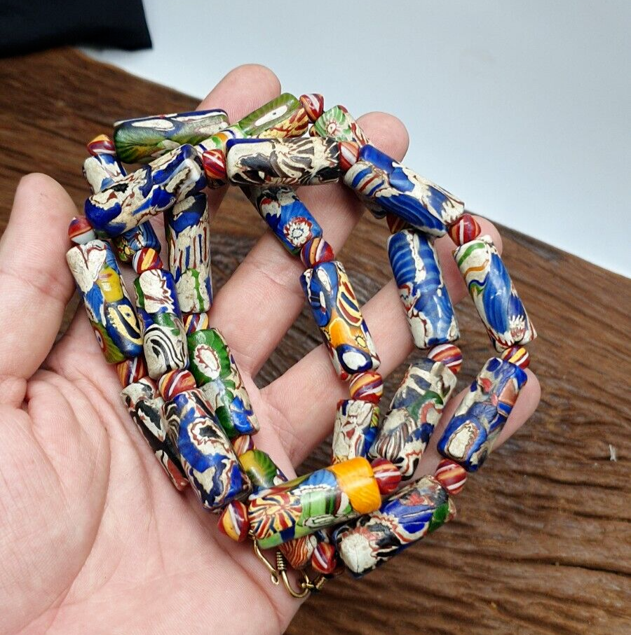 Vintage Venetian Mosaic Glass Beads Extra Long Statement Necklace-image