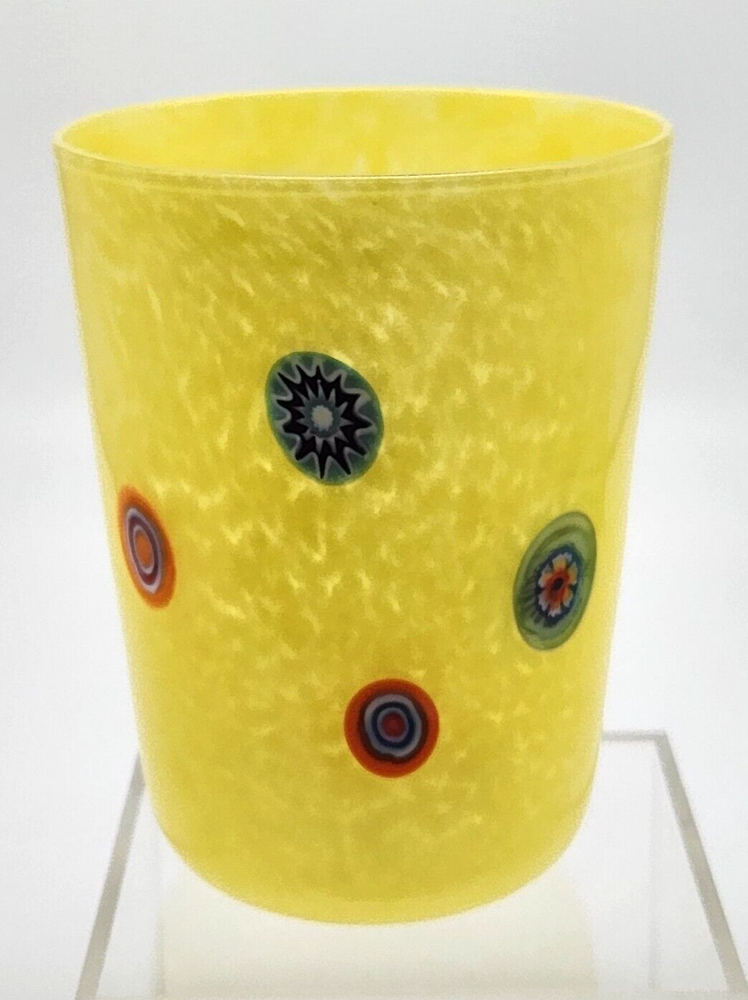 Murano Yellow Signed Glass w/Murrini Vase Il Vetro Dei Dogi Label Hand Blown