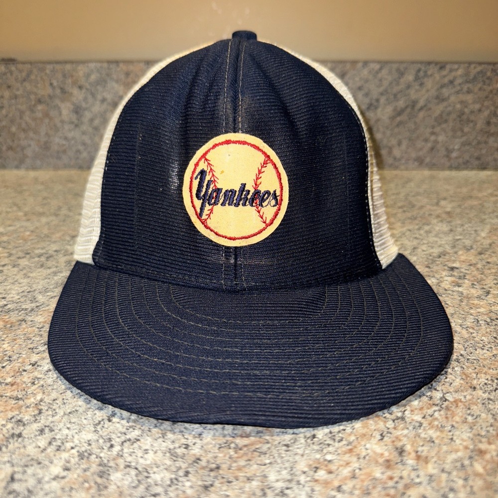 Vintage 70s ABCO Mesh Yankees Snapback Trucker Hat Navy New York Cap-image